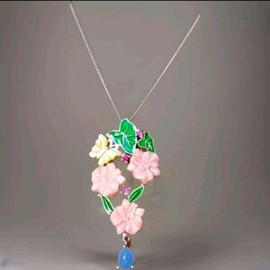 Jardin Collection Jade, Mother of Pearl, Garnet Flower Necklace Platinum Plated